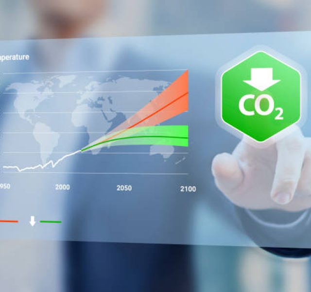 Reduce CO2 emissions to limit climate change and global warming. Chart with temperature forecast for low and high greenhouse gas levels in the future. Decarbonize. Net zero carbon dioxide footprint.